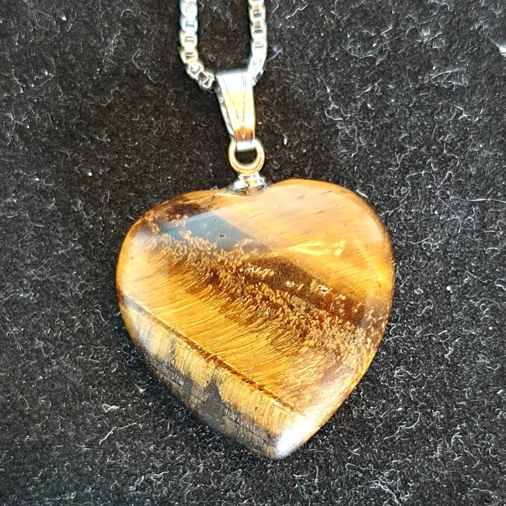 Elegant 925 Sterling Silver Natural Golden Tiger Eye Heart Pendant Necklace